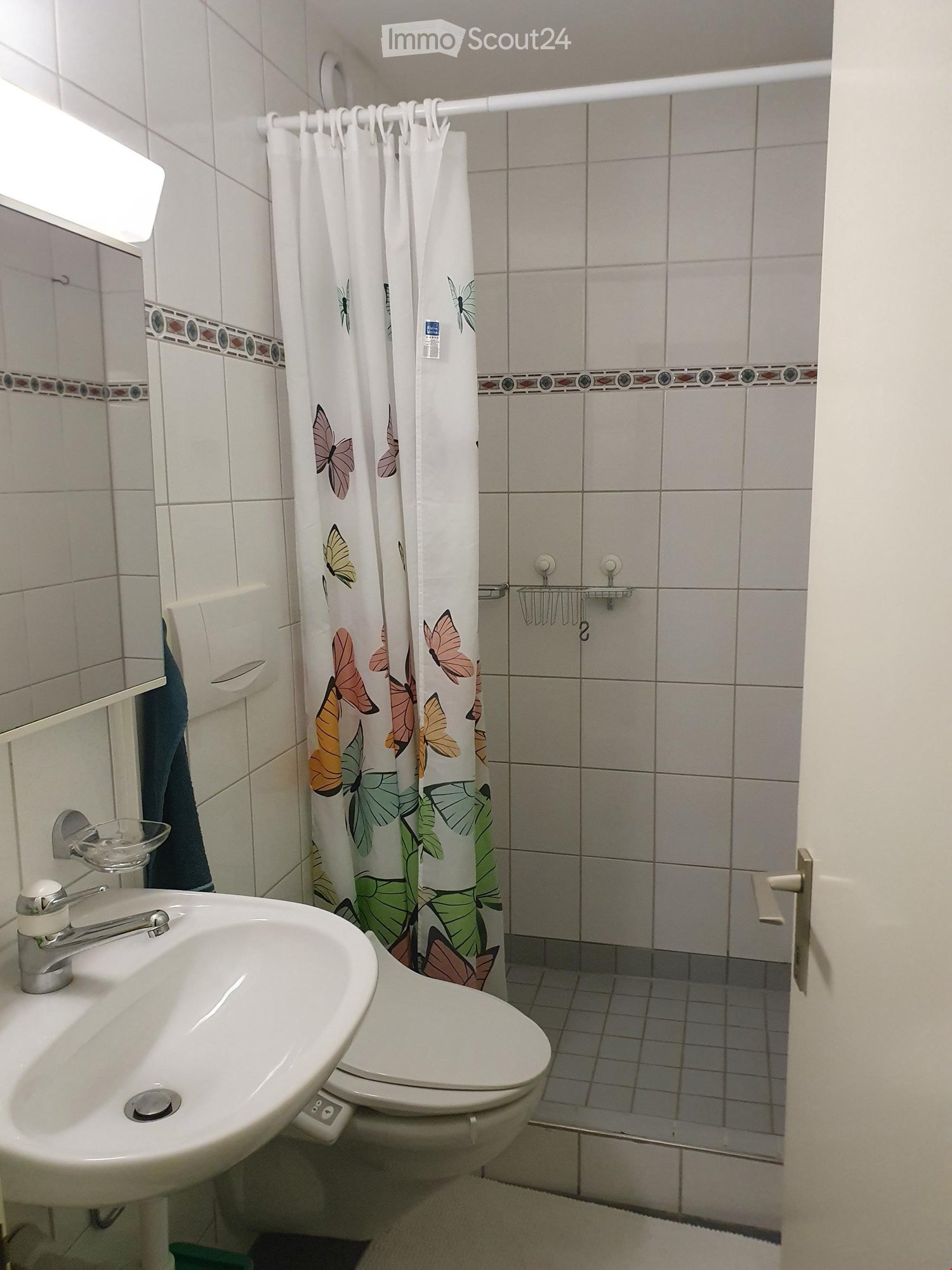 Bathroom with a white sink, toilet, shower curtain with butterfly design, and a mirror above the sink.