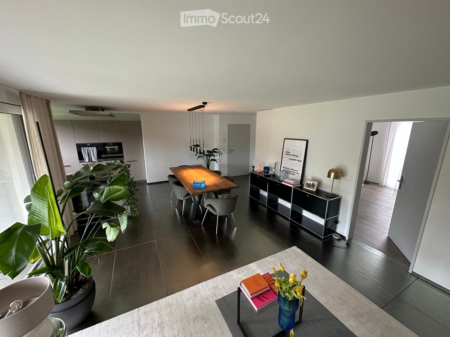 Modern open-plan living and dining area with a sofa, coffee table, dining table, chairs, cabinet, lamp, plant, and picture frame.