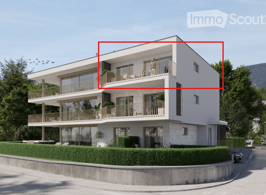 Modern two-story house with white exterior, large windows, multiple balconies, and a landscaped garden.