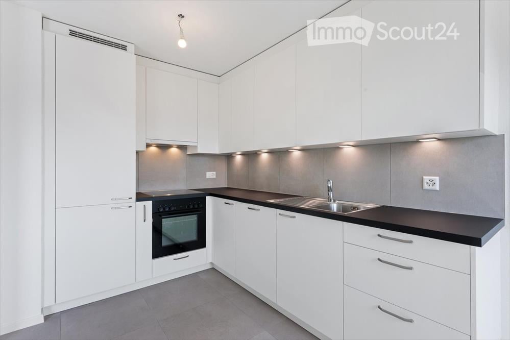 Modern kitchen with white cabinets, black countertops, stainless steel sink, and built-in oven.