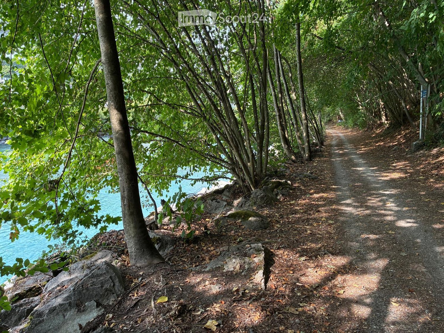 A narrow, tree-lined path leading along a rocky shoreline with a view of a body of water. The path is covered in gravel and surrounded by dense green foliage.