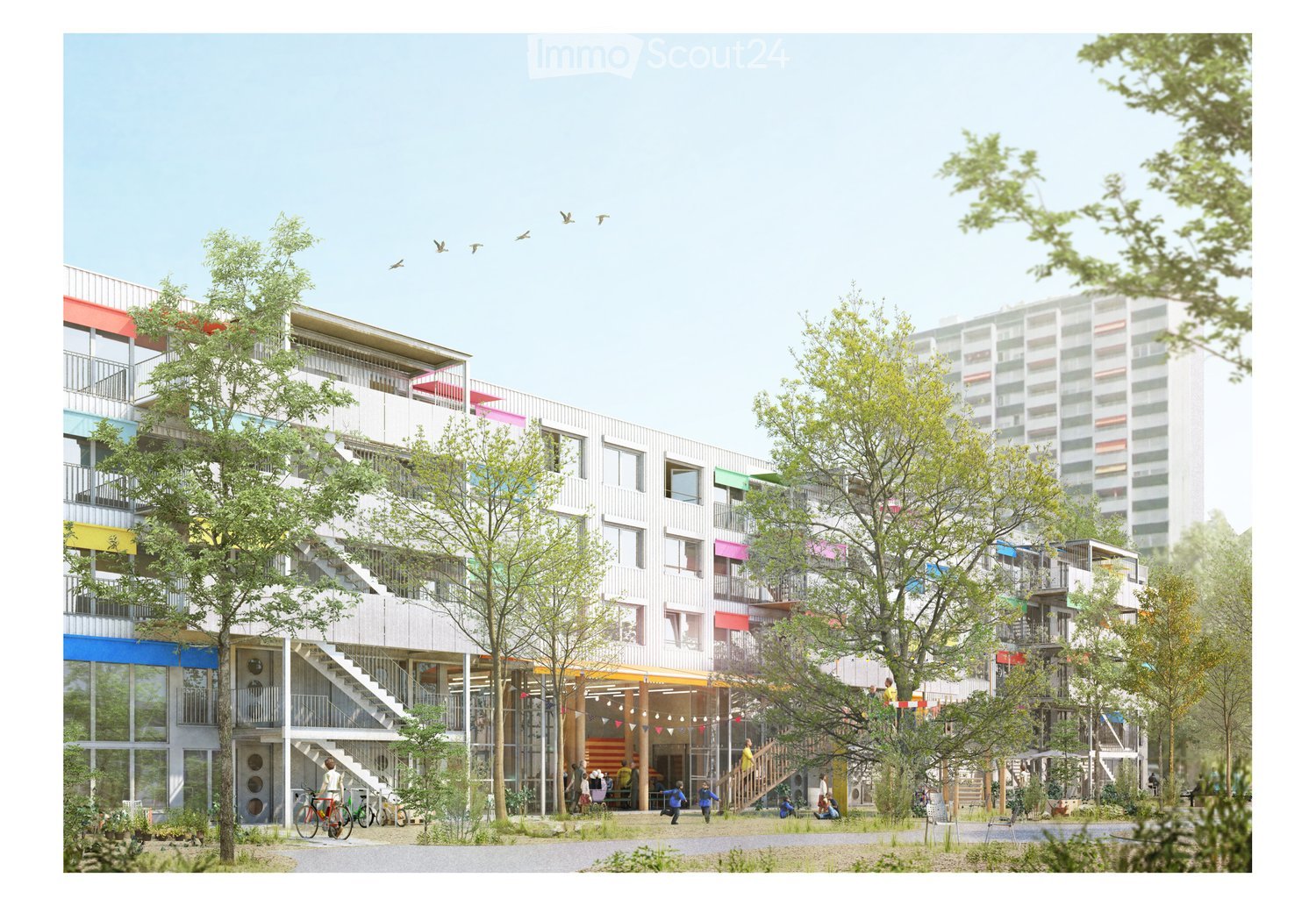 A modern multi-story residential building with colorful facades, balconies, and a central staircase leading to a communal outdoor area with trees and seating.