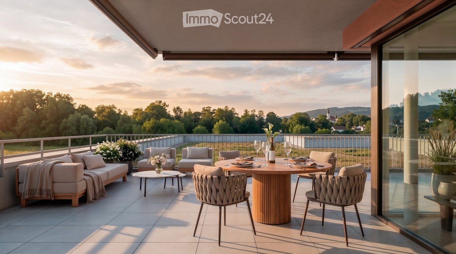 Balcony with a scenic view, featuring a sofa, coffee table, dining table, chairs, and decorative vases.
