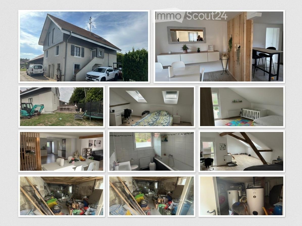 A multi-story house with a garage, parking area, and various rooms including a kitchen, living room, bedroom, and bathroom.