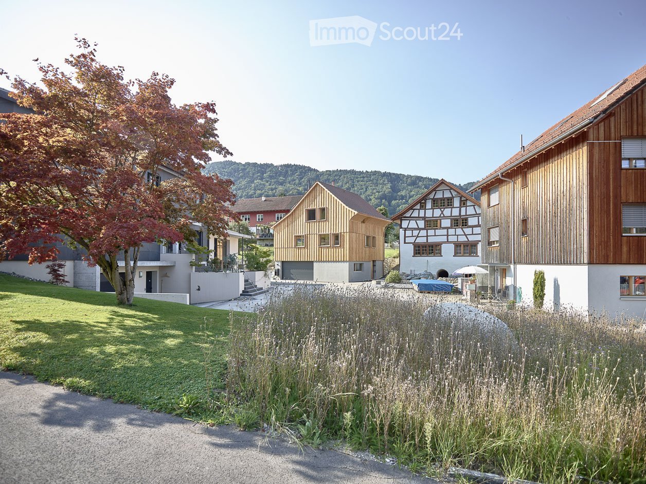 A landscaped garden area with a gravel pathway, tall grasses, and a tree, surrounded by modern and traditional houses in a rural setting.