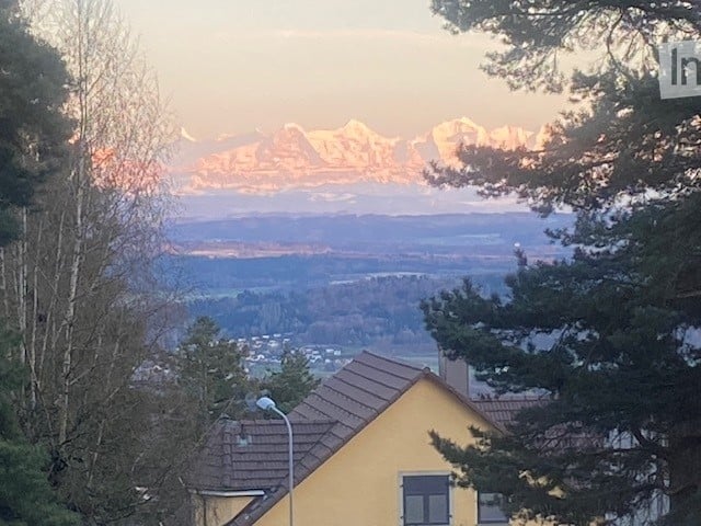 View of a yellow house with a brown roof, surrounded by trees, with a scenic mountain range in the background.