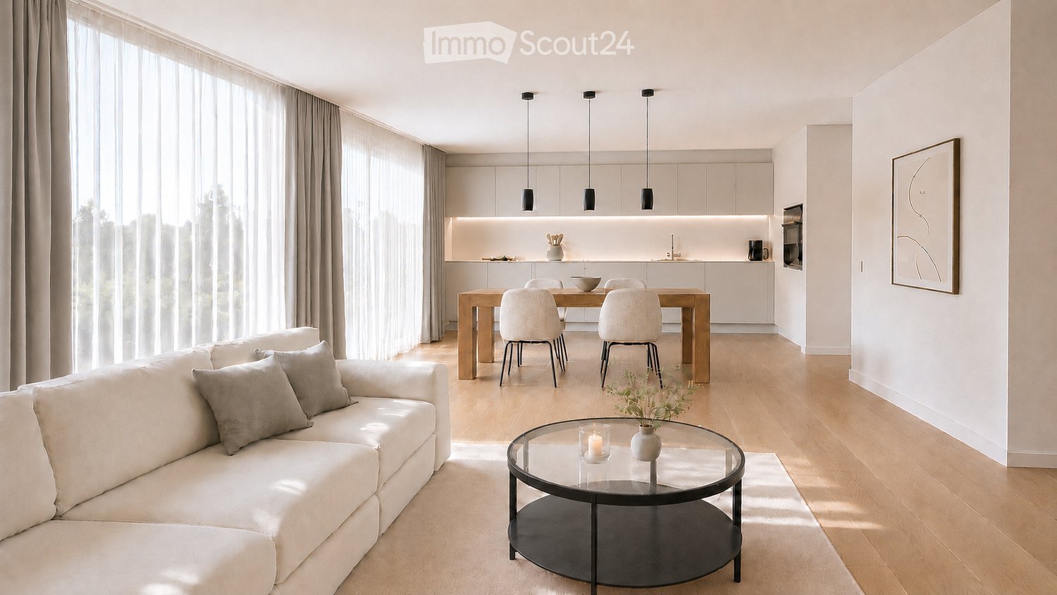 Modern living and dining area with a white sofa, coffee table, dining table with chairs, and a sleek kitchen area in the background.