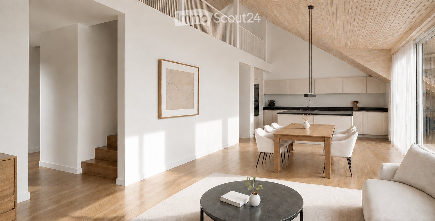 Open-concept living and dining area with light wood flooring, white walls, a modern sofa, coffee table, dining table with chairs, and a sleek kitchen area with cabinets and a sink.