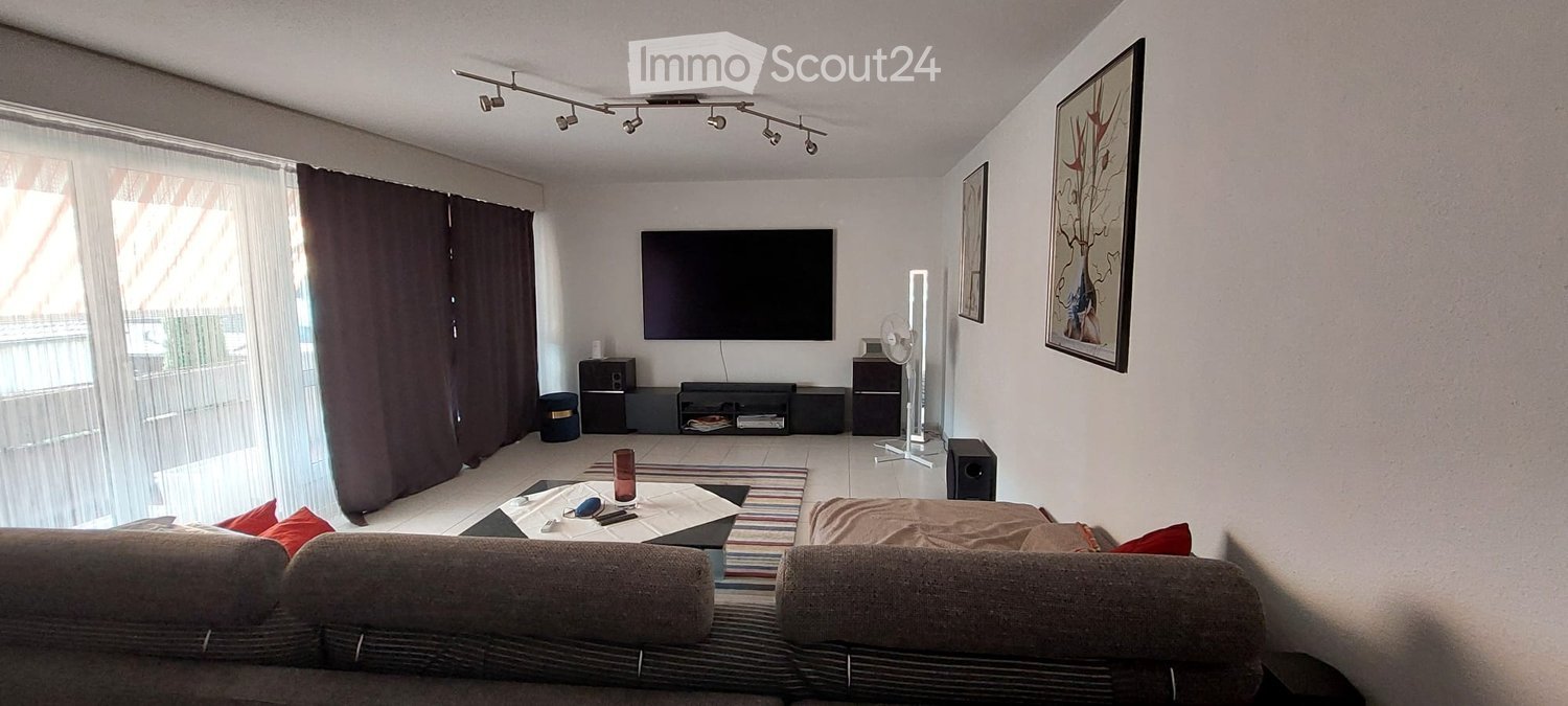 Modern living room with a grey sofa, coffee table, television, fan, and picture frame on the wall.