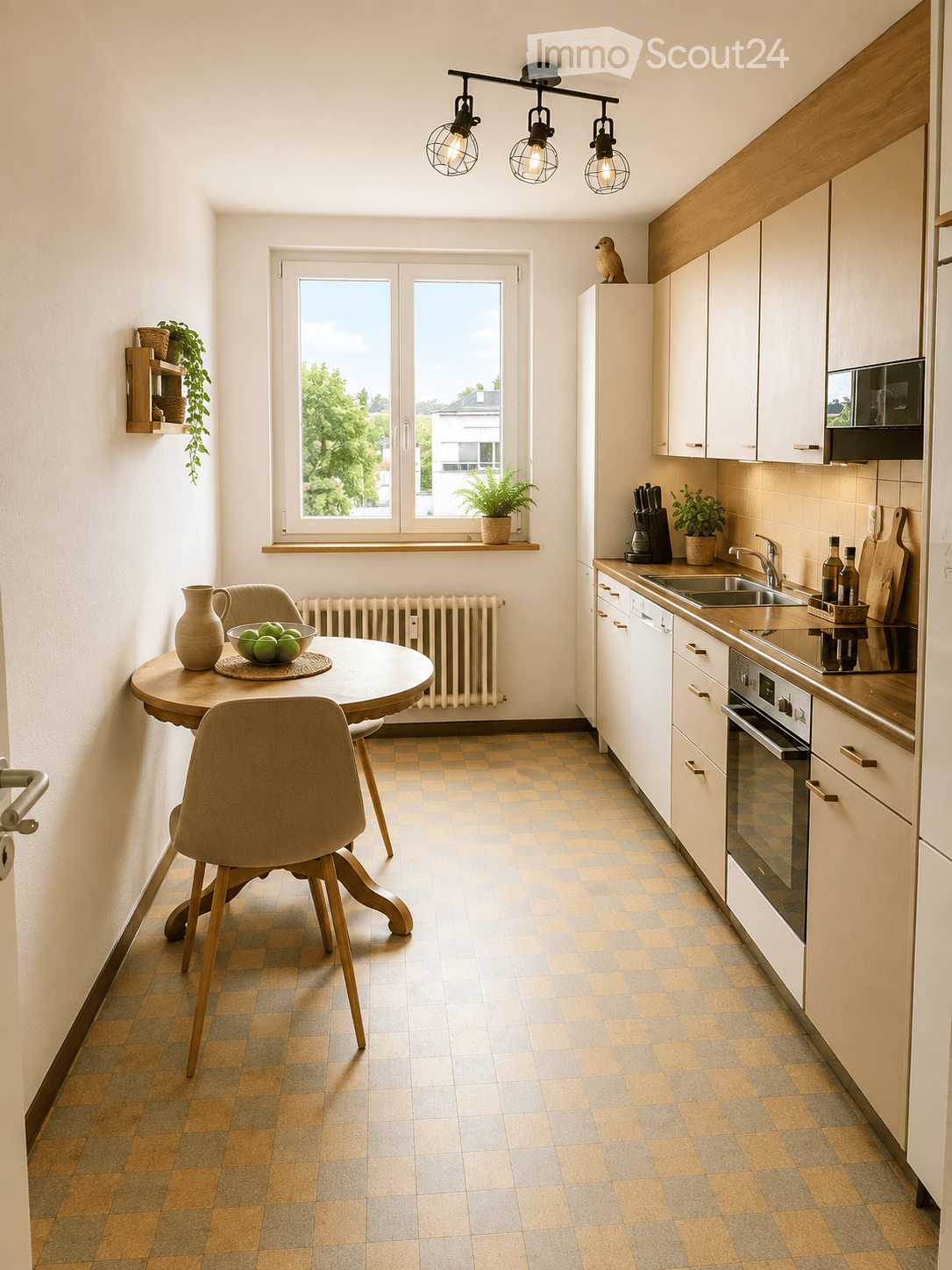 Modern kitchen with white cabinets, wooden countertops, and a round dining table with chairs. Features include a sink, oven, microwave, and various kitchen accessories.