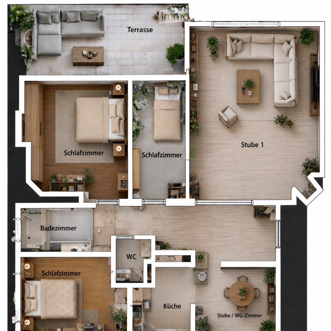 Floor plan of a modern apartment with three bedrooms, a living room, a kitchen, a bathroom, and a balcony.