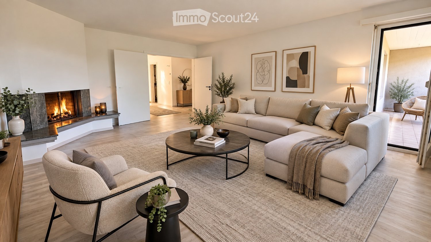 Modern living room with a fireplace, large sectional sofa, coffee table, armchairs, and decorative items.