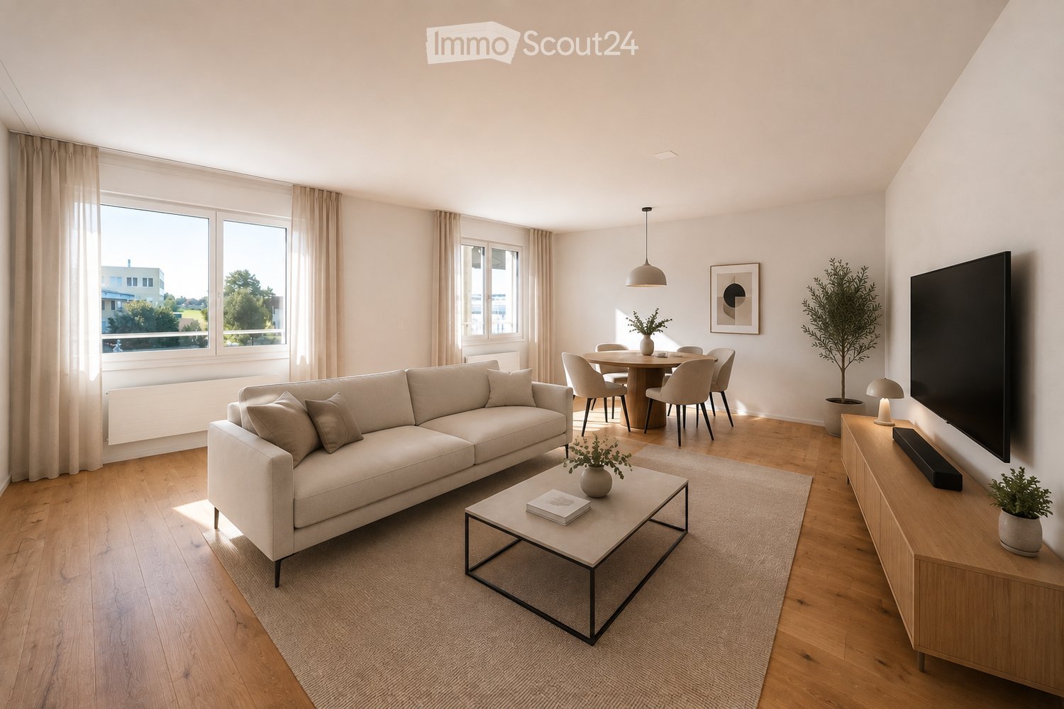 Modern living and dining area with light-colored furniture, large windows, and a view of greenery outside.