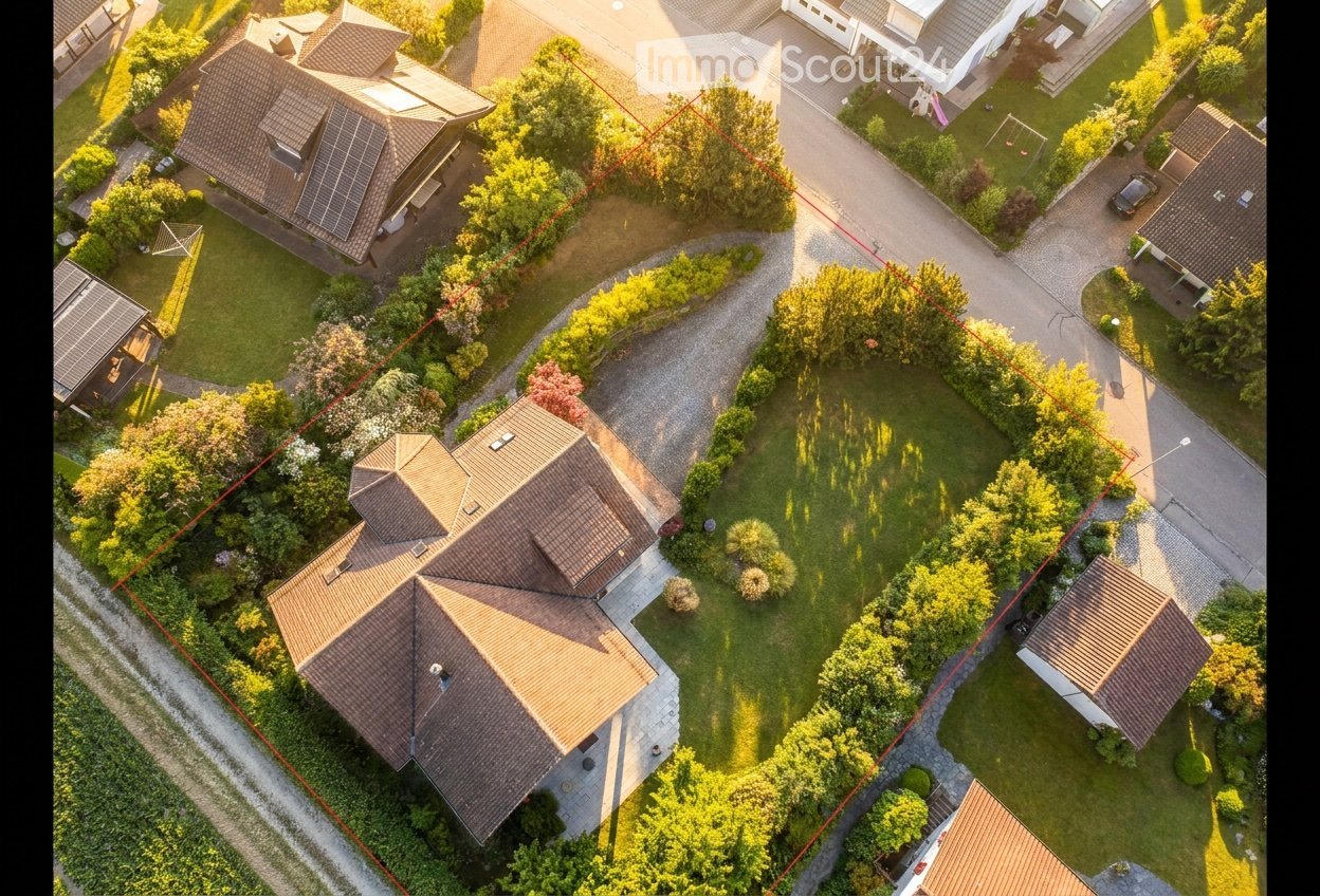 Aerial view of a residential neighborhood with multiple houses, well-maintained gardens, driveways, and solar panels on some roofs.