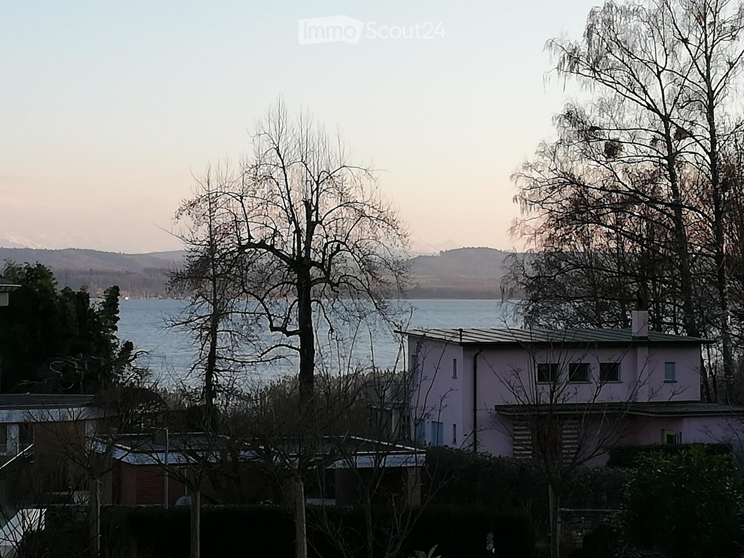 Exterior view of a pink house with trees and a lake in the background, mountains in the distance