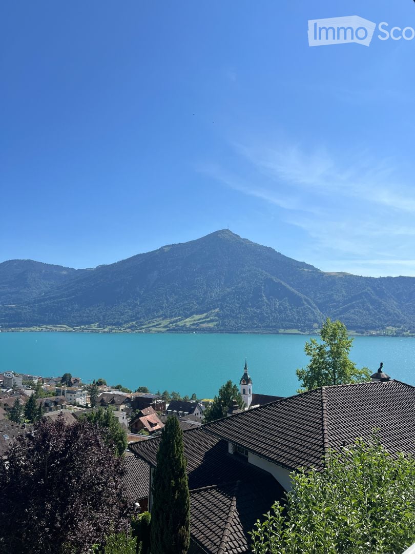 Panoramic view of a town with a lake and mountain range in the background, featuring rooftops and trees in the foreground.