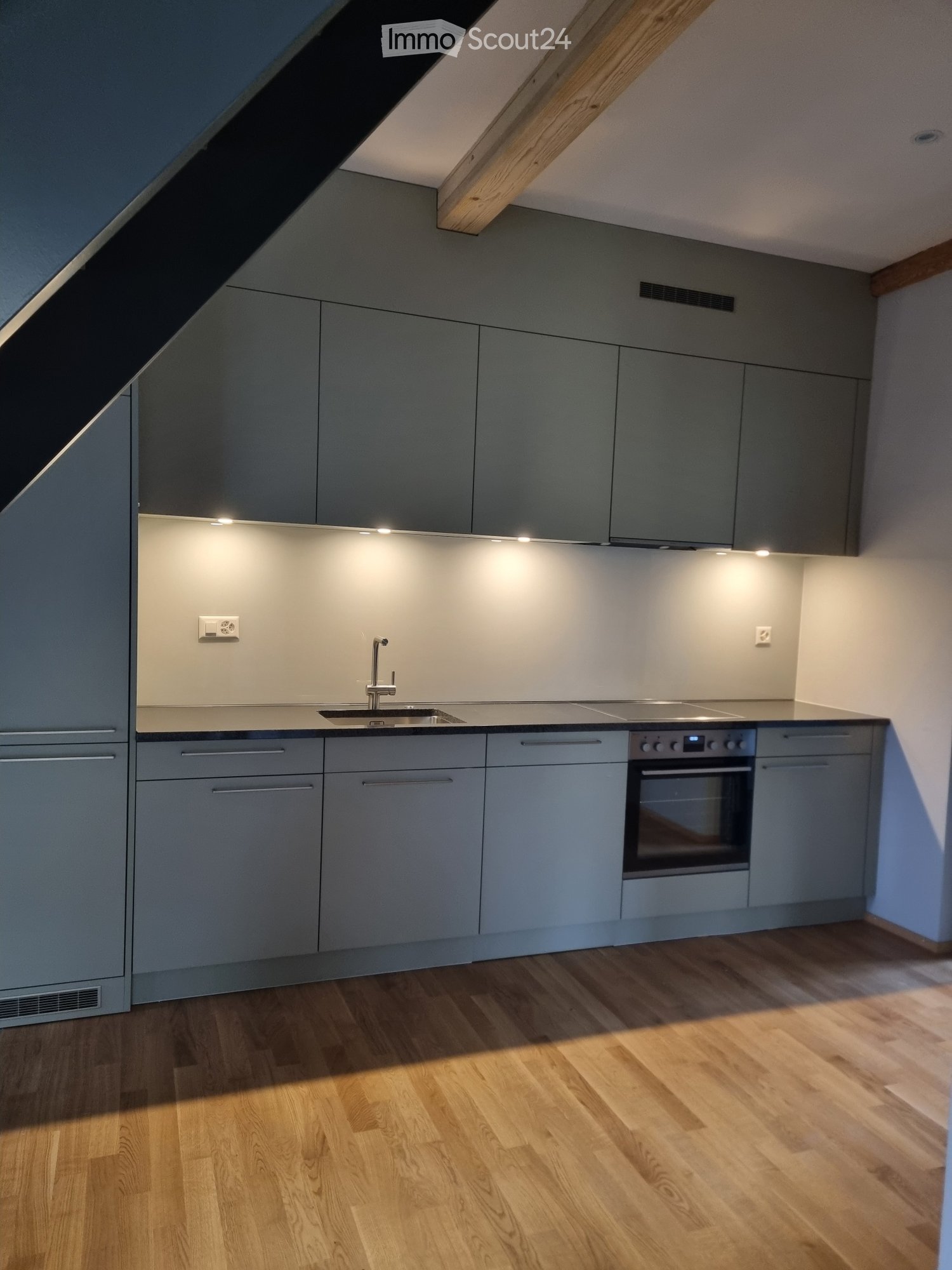 modern kitchen, wood floor, gray cabinets, modern sink, gas stove, under-cabinet lighting