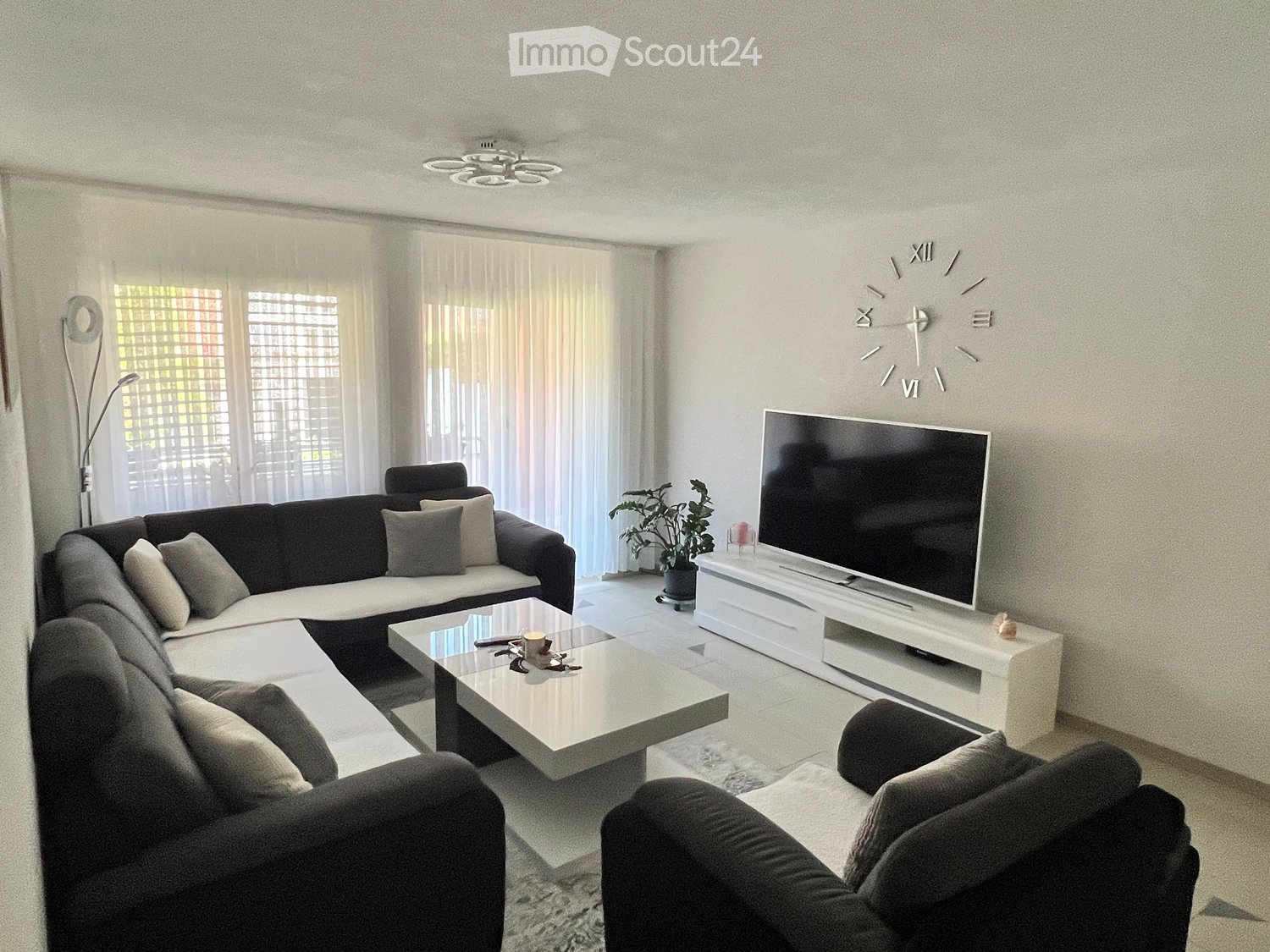 Modern living room with a grey sectional sofa, white coffee table, flat-screen TV on a white stand, floor lamp, decorative clock, and a small plant.