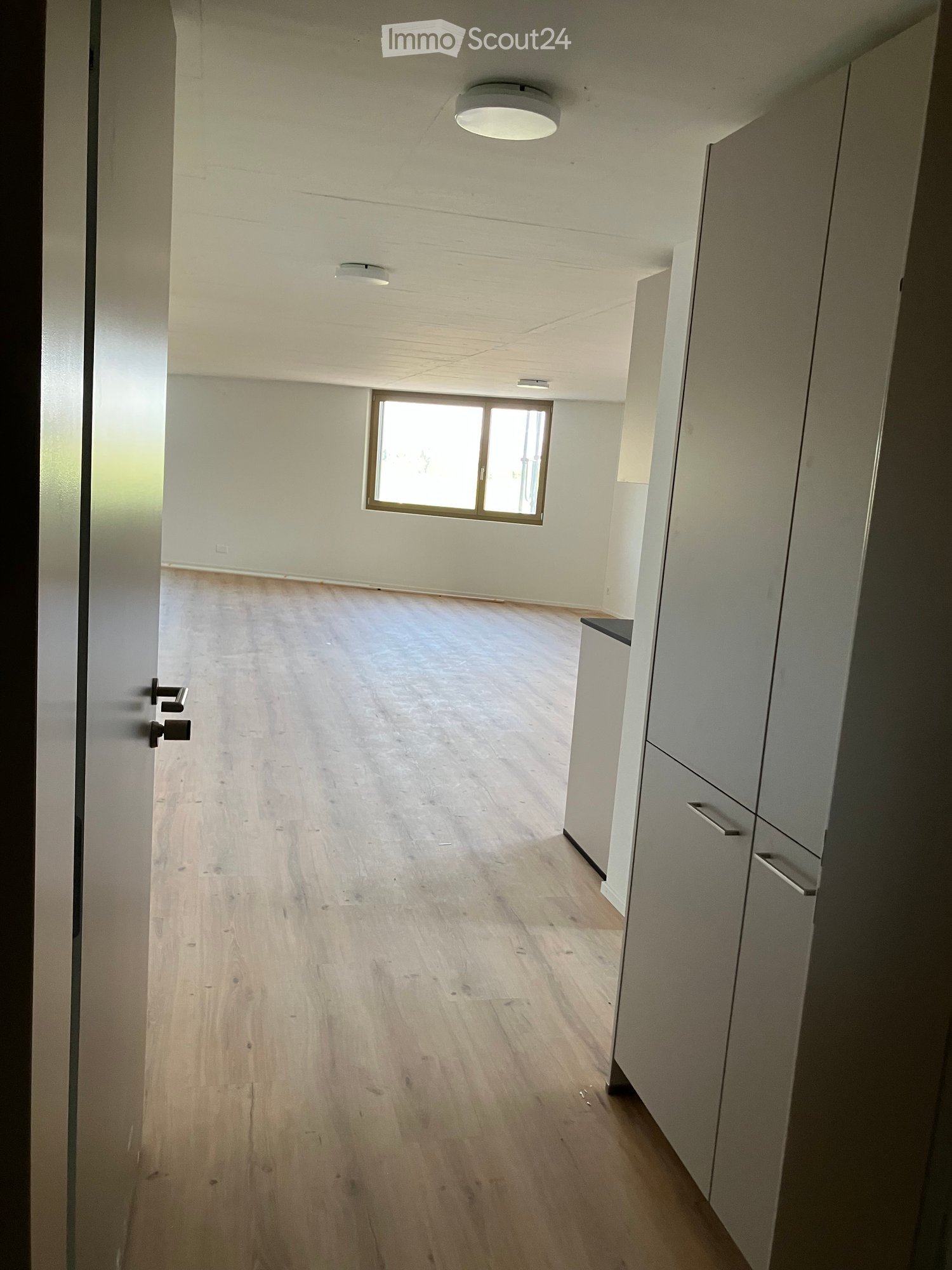 Empty room with light wooden flooring, white walls, and a large window allowing natural light. The room features a door with a handle and a small cabinet with drawers on the right side.