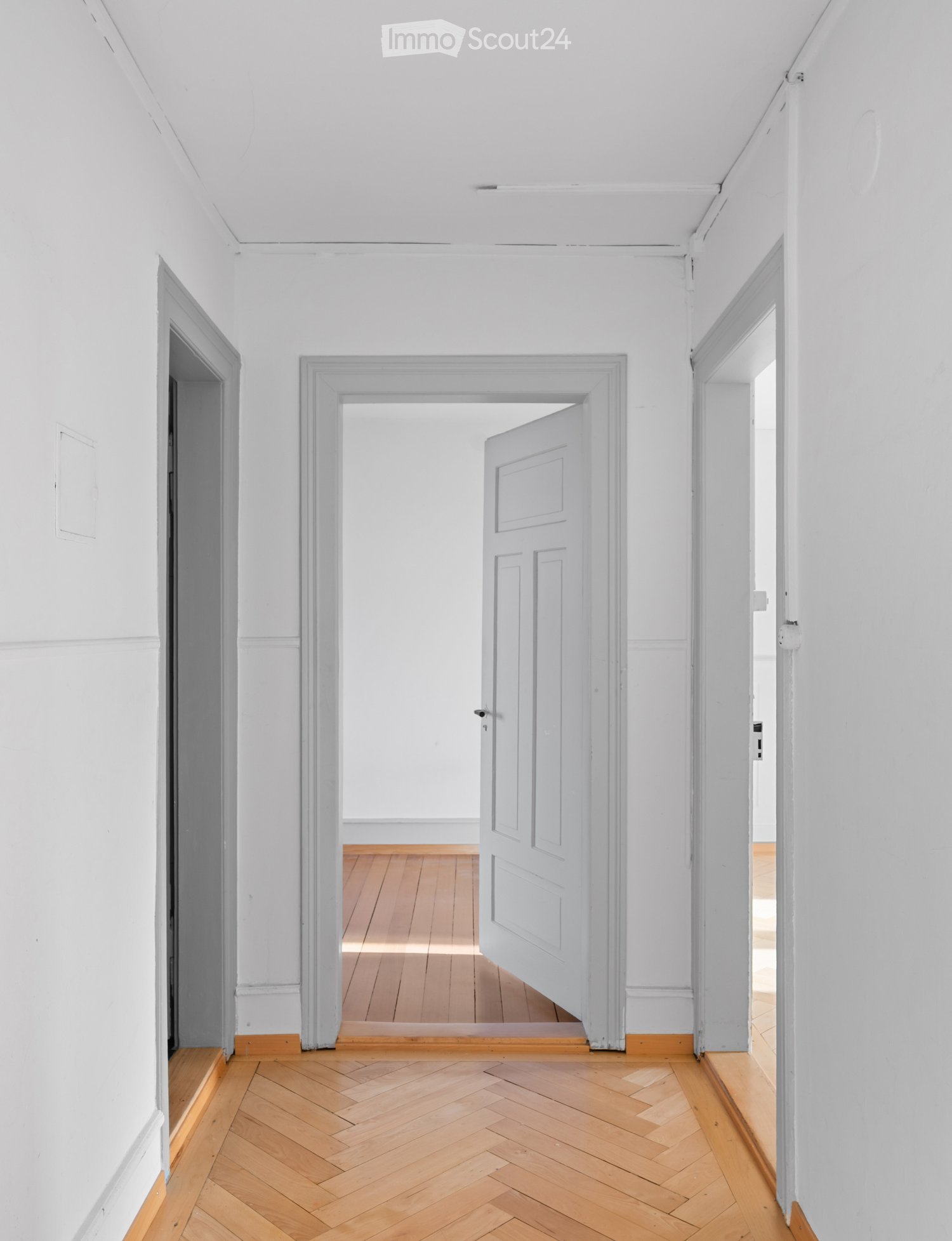 Empty hallway with white walls, wooden herringbone flooring, and three open doors leading to other rooms.