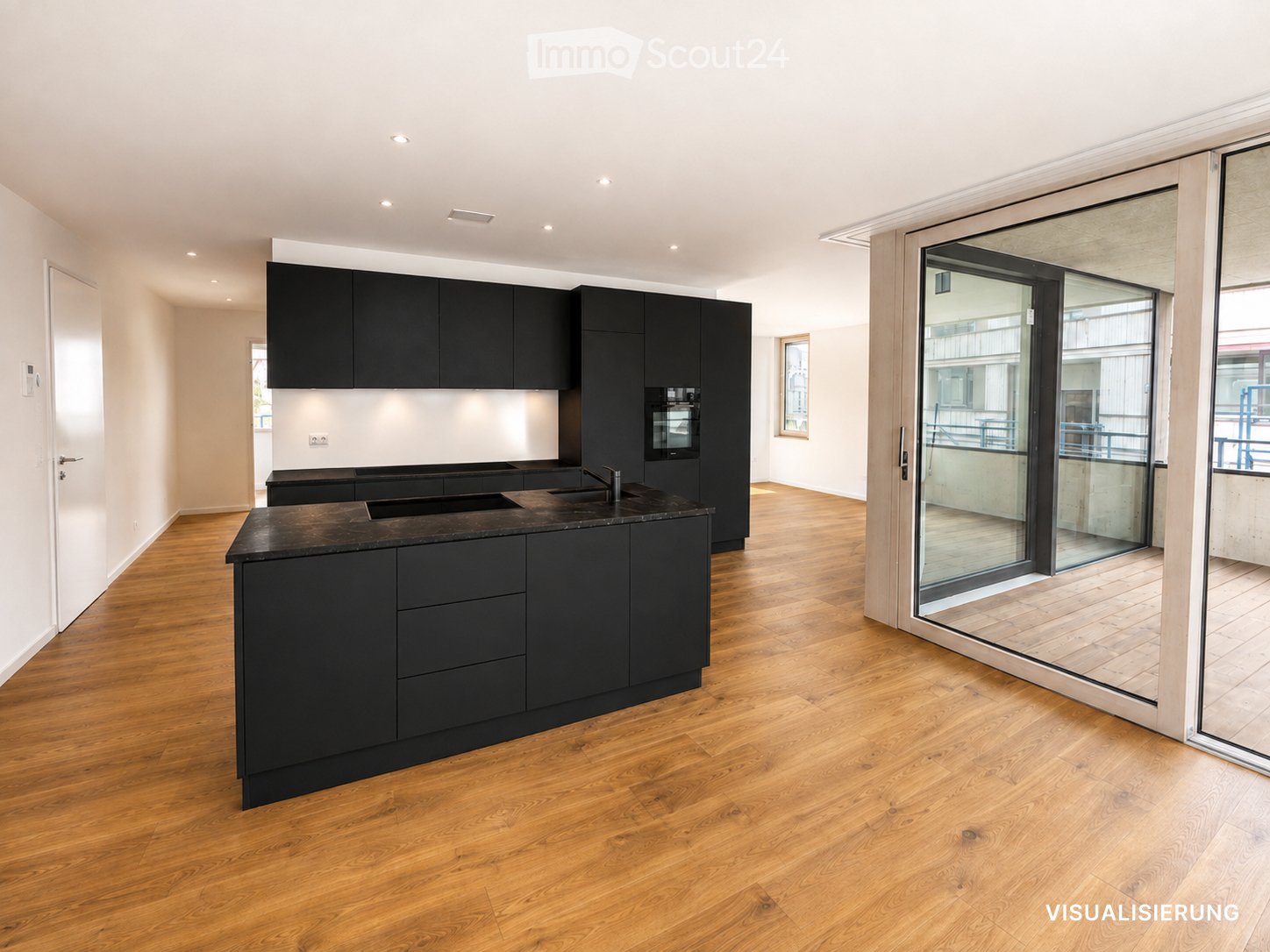 Modern kitchen with black cabinets, a central island, and a large window leading to a balcony. The floor is made of light wooden planks.