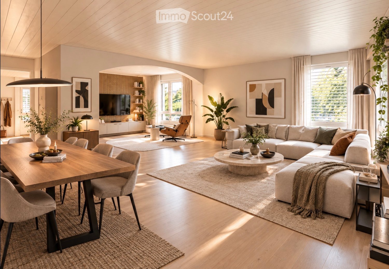 Modern living and dining area with a large sectional sofa, coffee table, dining table with chairs, pendant lights, and decorative plants.