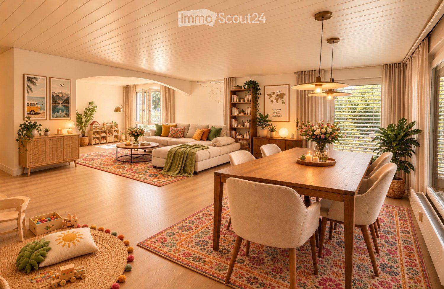 Bright, open living and dining area with light wood flooring, large windows, and modern furnishings including a white sectional sofa, coffee table, dining table with chairs, bookshelf, sideboard, and decorative items.