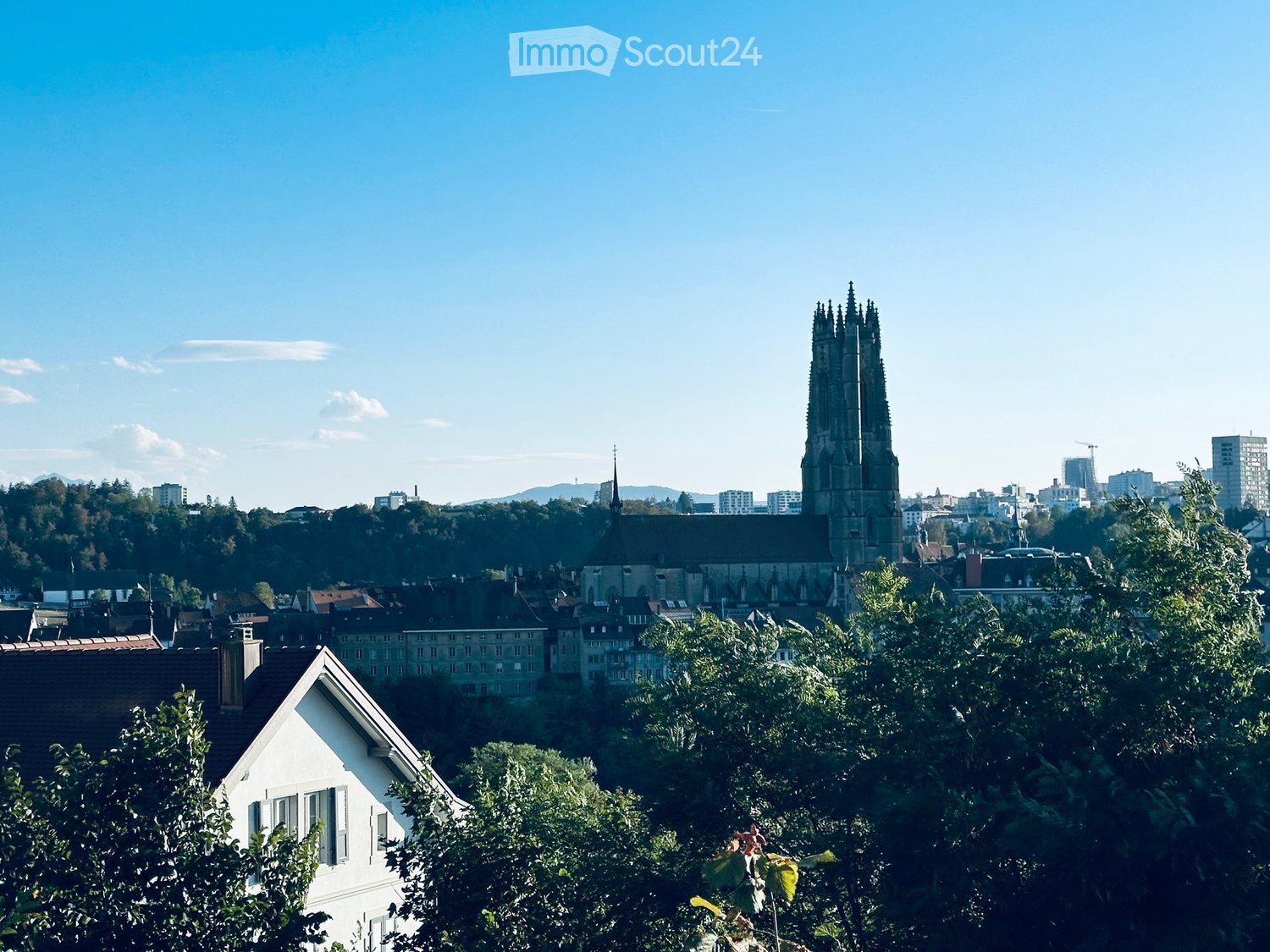 A panoramic view of a cityscape featuring a prominent Gothic cathedral with tall spires, surrounded by residential and commercial buildings, trees, and distant mountains under a clear blue sky.