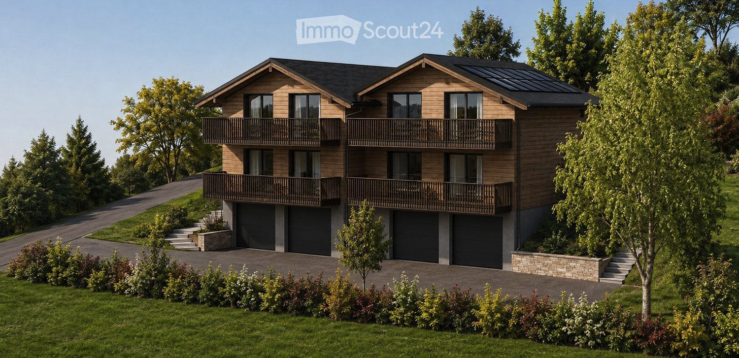 Two-story wooden house with multiple balconies, large garage, and landscaped surroundings.