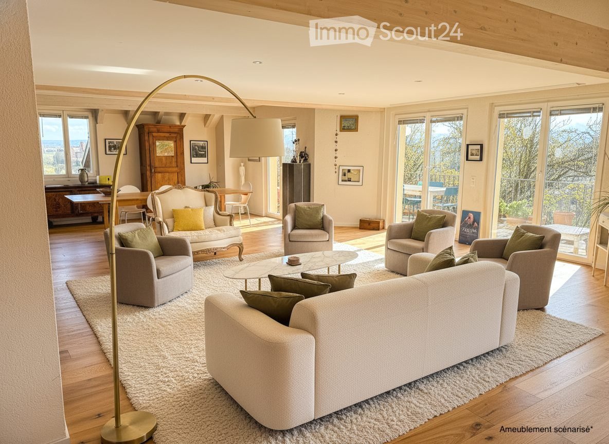 Modern living room with large windows offering a scenic view, featuring a cream-colored sofa, coffee table, armchairs, ottoman, floor lamp, dining table, and cabinet.