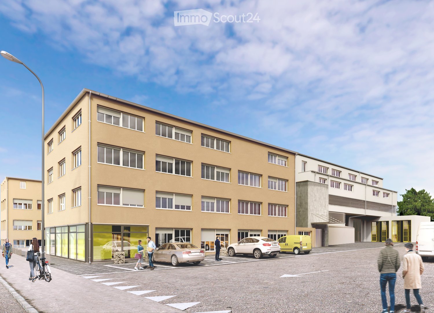 Multi-story building with beige facade and numerous windows, surrounded by a parking lot with several cars and pedestrians.