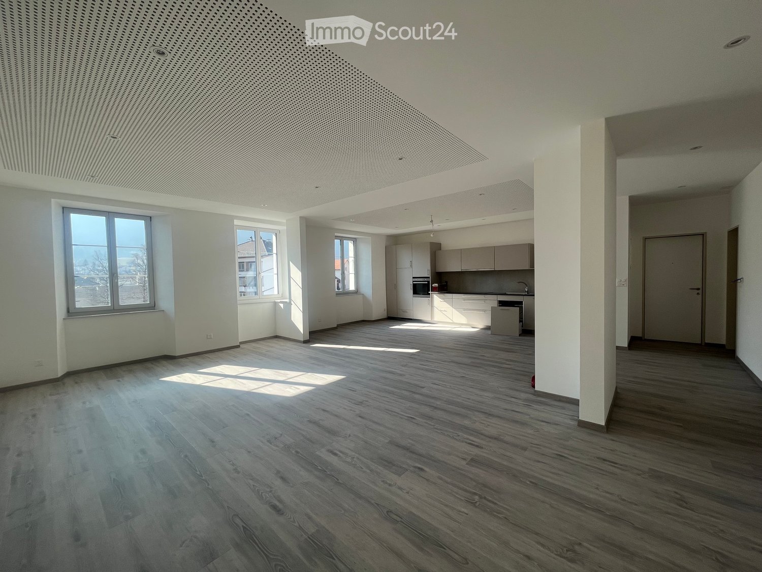 large room with hardwood floors, high ceilings, large windows, kitchen area with cabinetry and appliances
