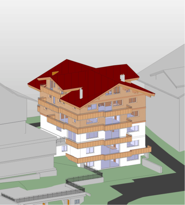3D rendering of a multi-story wooden building with a red roof, multiple balconies, and large windows.