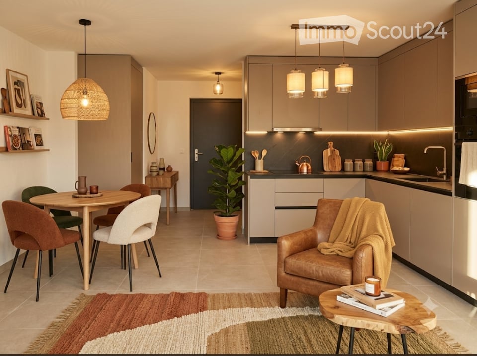 Open-plan living and dining area with modern furniture, including a leather sofa, coffee table, dining table with chairs, and a well-equipped kitchen with pendant lights and various appliances.