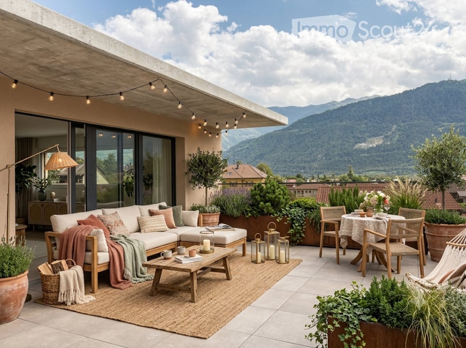 A modern rooftop terrace with a view of mountains, featuring a white sectional sofa, coffee table, dining table with chairs, floor lamp, potted plants, and decorative candles.