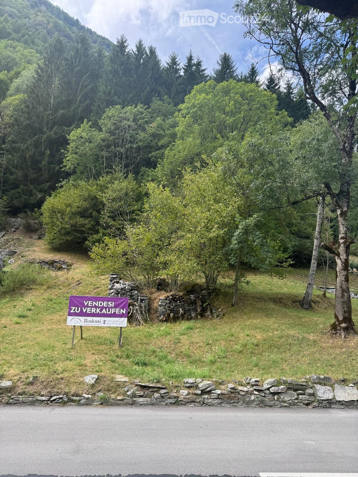 A grassy area with trees and a stone wall, featuring a sign that reads "VENDESI ZU VERKAUFEN" indicating the property is for sale.
