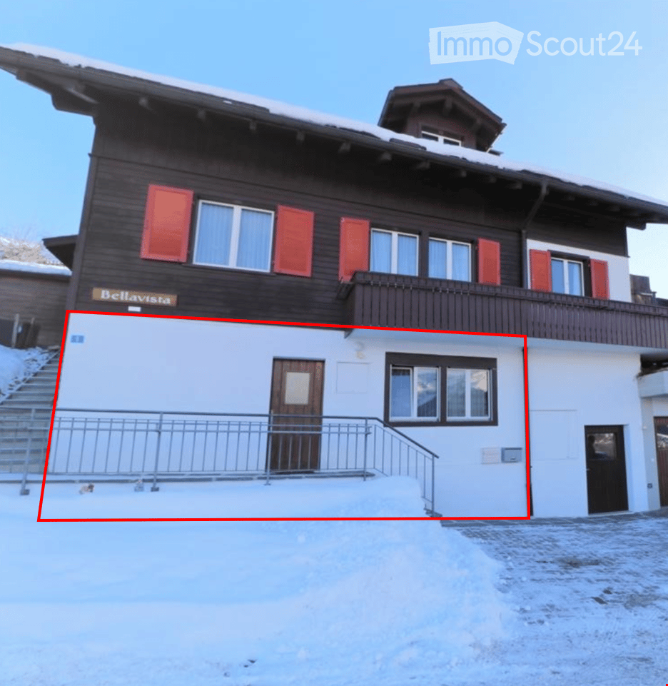 2-story wooden house, red shutters, white windows, entrance with stairs, raised ground floor