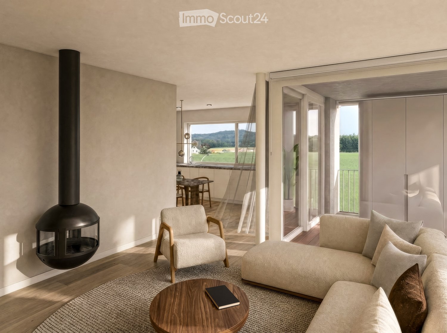 Modern living room with a large window offering a scenic view, featuring a sectional sofa, armchair, coffee table, and a sleek black fireplace.