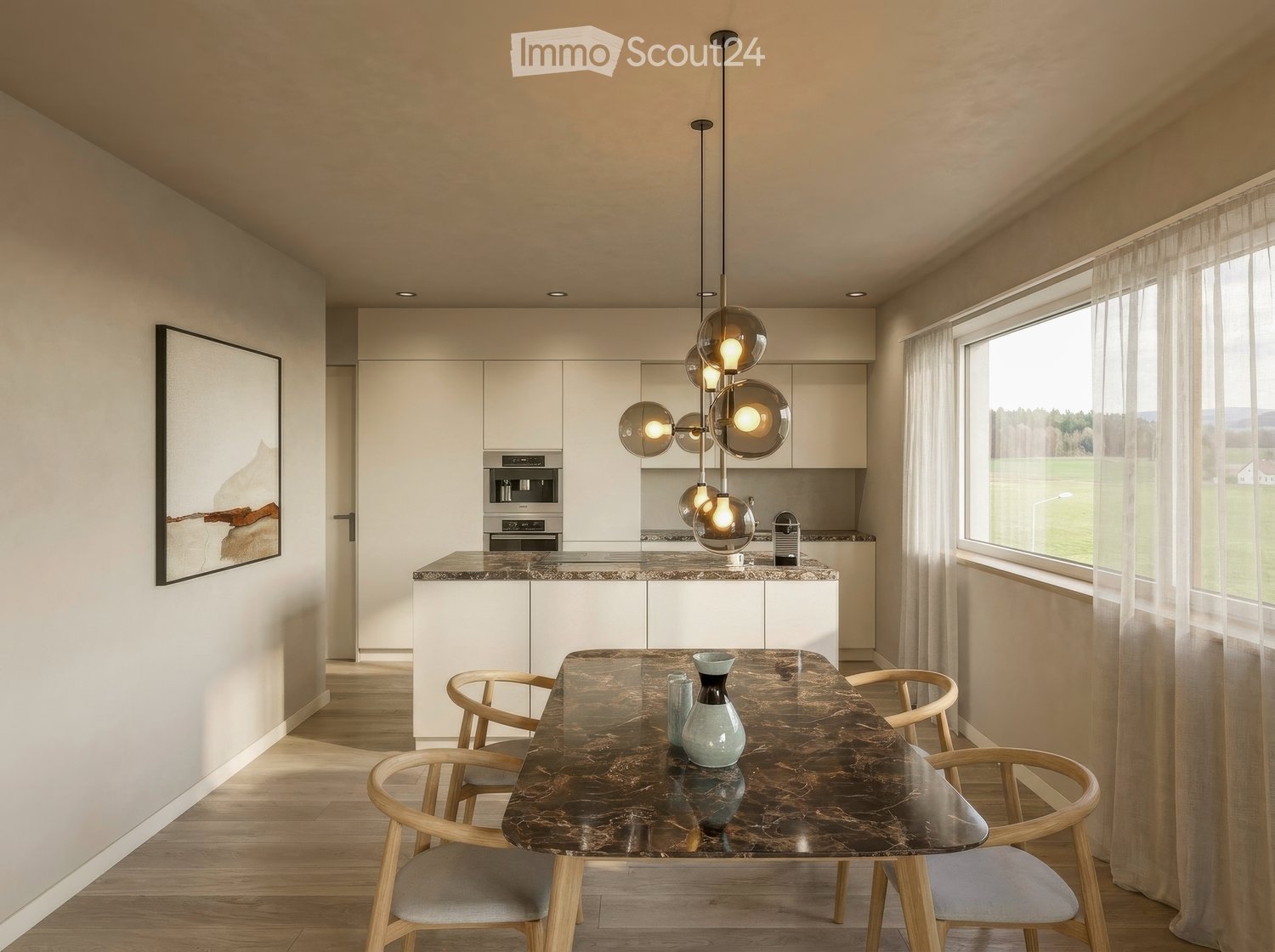 Modern kitchen and dining area with white cabinets, a marble countertop, a pendant light fixture, and a dining table with chairs.