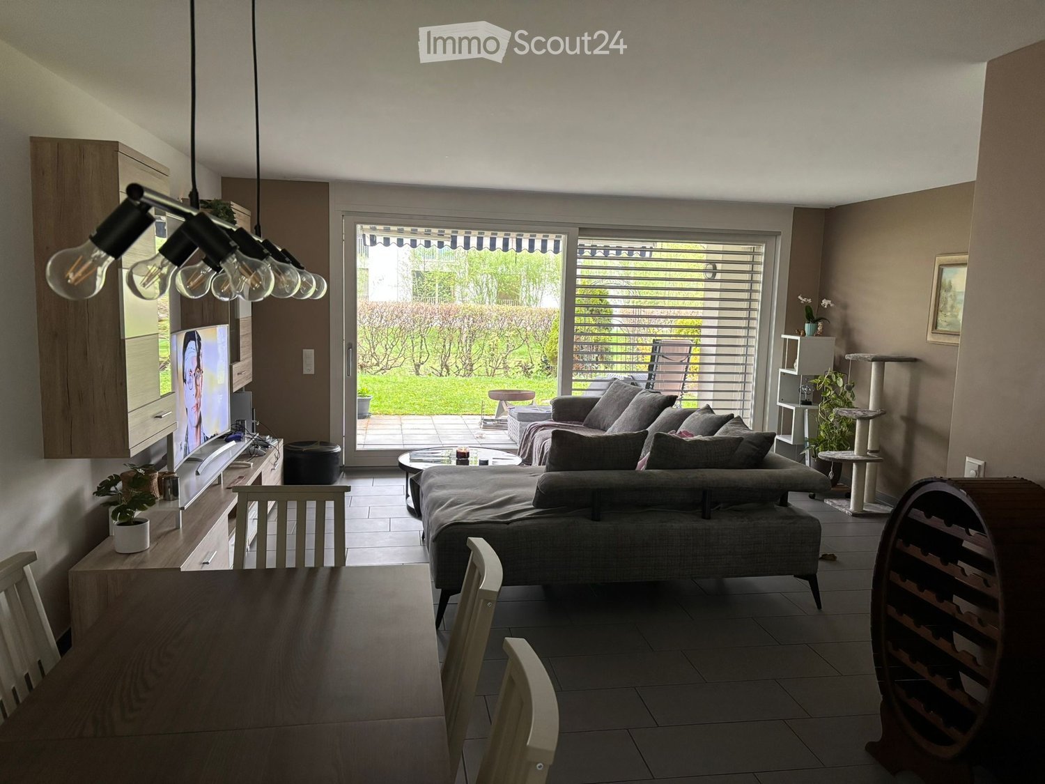 Modern living room with a grey sectional sofa, coffee table, dining table, chairs, cat tree, potted plants, and a wine rack. Large windows and sliding doors lead to a patio area.