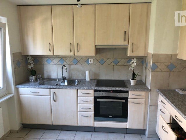 Modern kitchen with light wood cabinets, stainless steel sink and oven, granite countertops, and decorative flower pots.