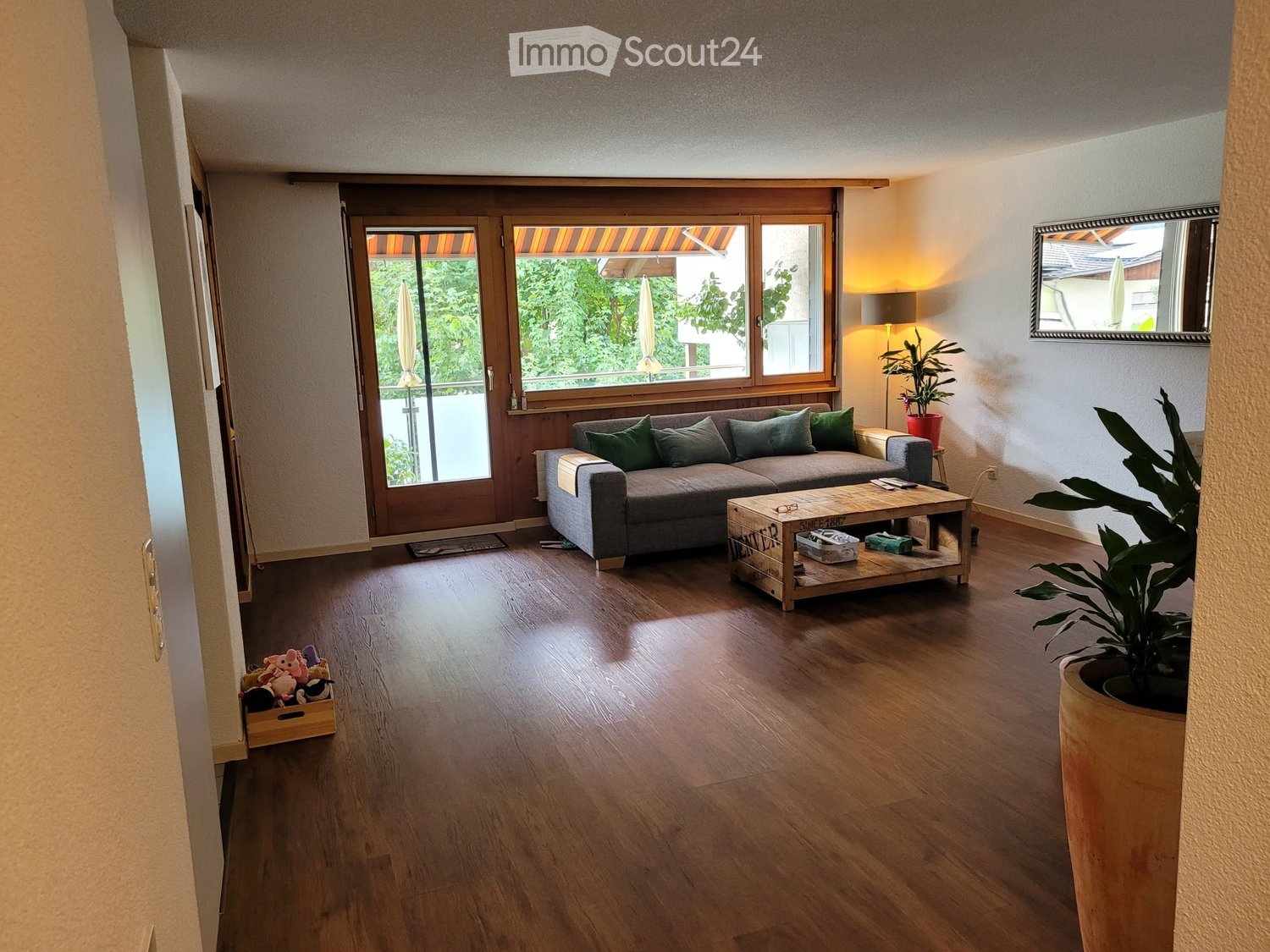 Bright living room with wooden flooring, large windows, grey sofa with green cushions, wooden coffee table, floor lamp, and potted plants.