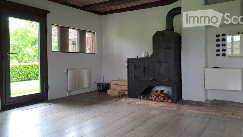 Bright room with wooden flooring, white walls, a wood stove, radiator, and a basket with wood logs.