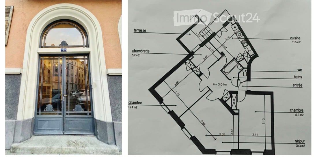 Floor plan of an apartment with living room, kitchen, three bedrooms, two bathrooms, and a terrace.