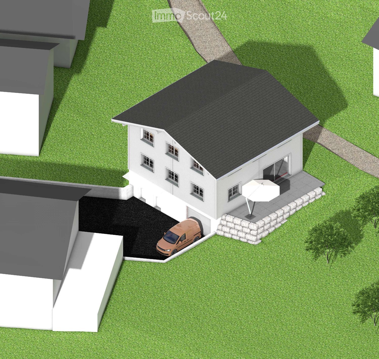 3D model of a two-story house with a garage, patio, and umbrella. The house has white walls, multiple windows, and a dark roof. A van is parked in the garage, and the surrounding area includes a lawn and a stone patio.