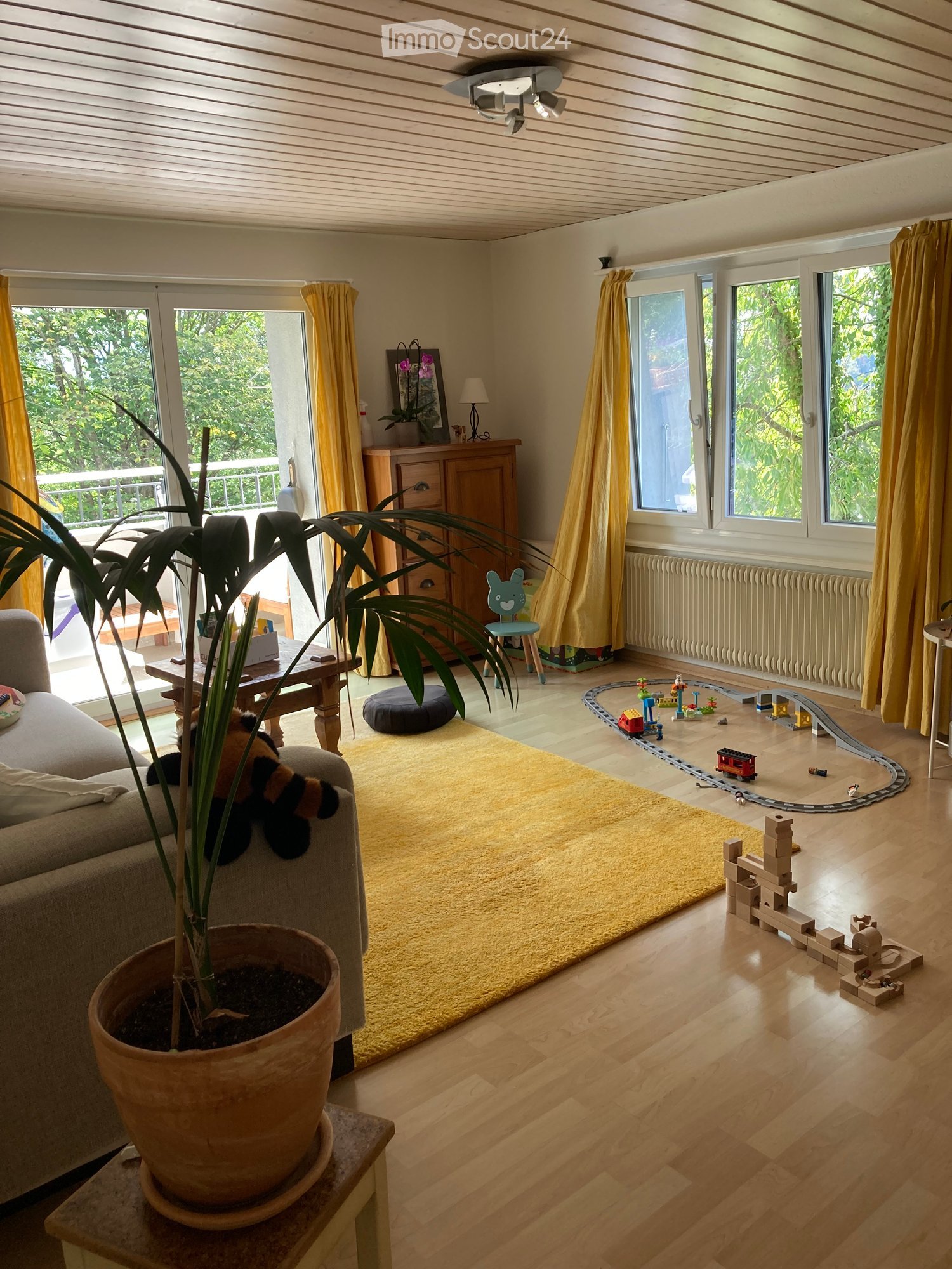 Bright living room with wooden floors, large windows, and a balcony. Features a sofa, coffee table, toy train set, and potted plants.