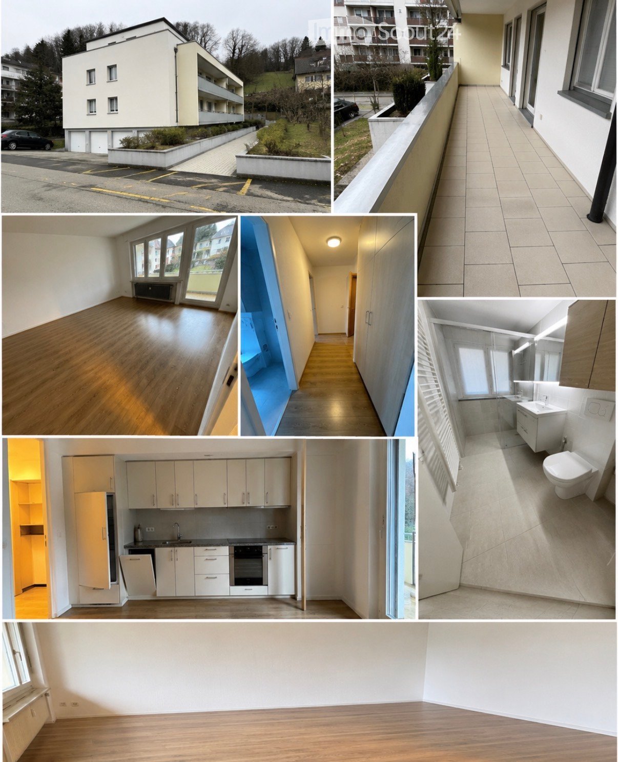 Modern multi-story apartment building with parking, balcony, unfurnished rooms, kitchen, bathroom, and hallway.