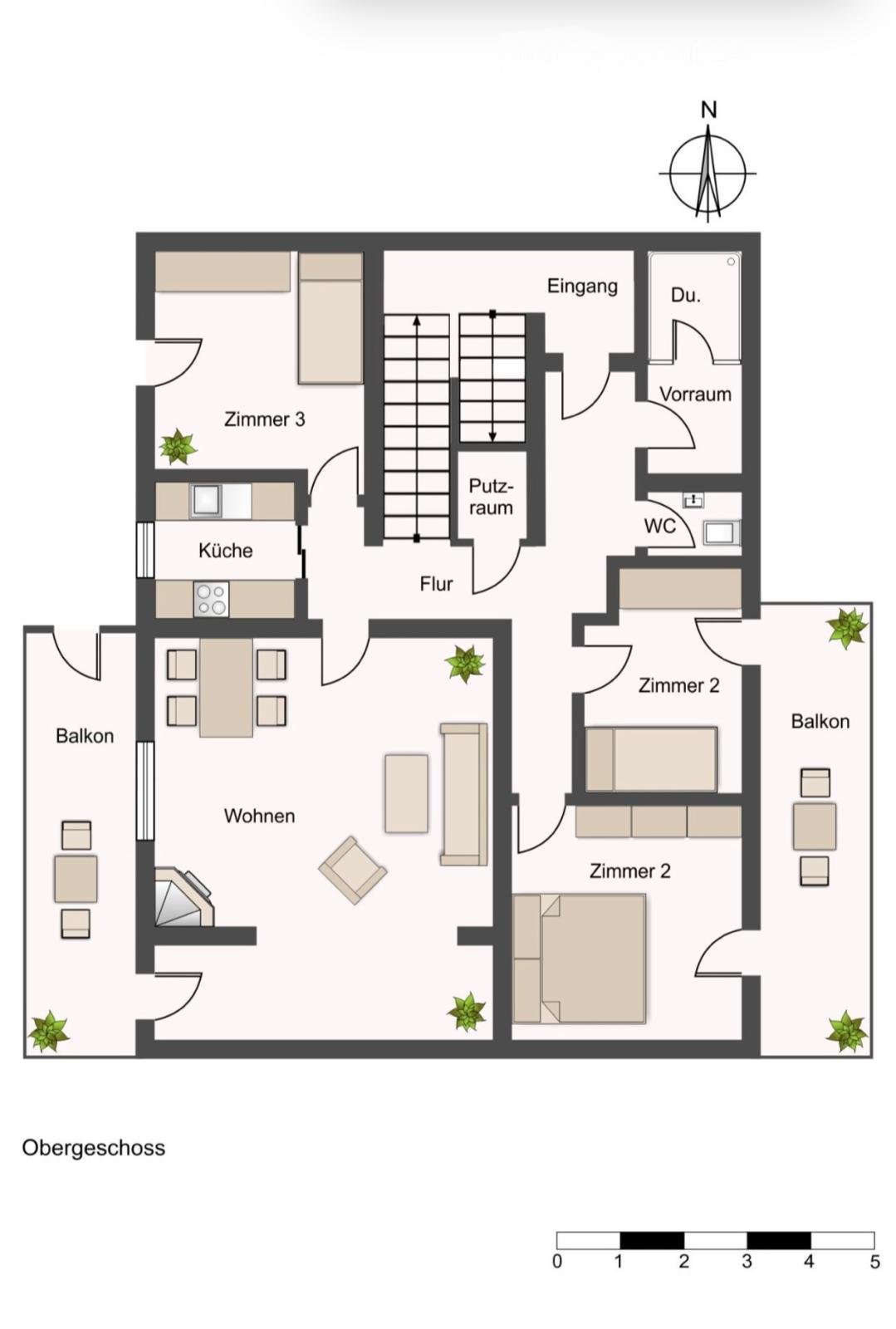 Layout of a top-floor apartment with living area, kitchen, three bedrooms, bathroom, entrance hall, storage room, and two balconies.