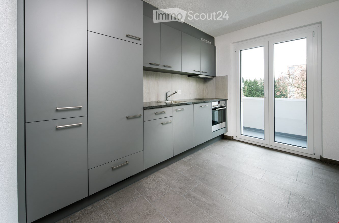Minimalist kitchen, modern cabinetry, gas stove, double sink, large window leading to balcony
