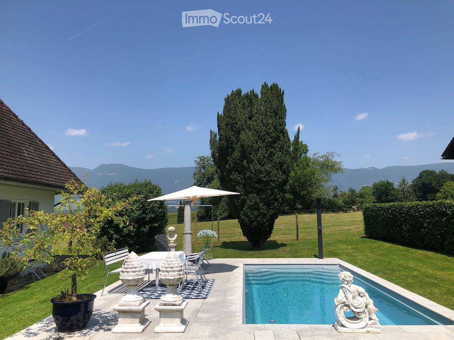 Well-maintained garden with a swimming pool, outdoor furniture, and decorative elements, surrounded by trees and a scenic mountain backdrop.
